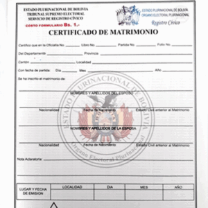 Acte de Mariage simple (Bolivie)