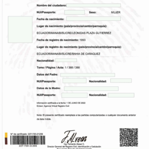 Acte de Naissance + Apostille (Equateur)