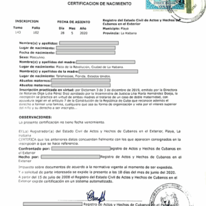 Acte de Naissance + verso (Cuba)
